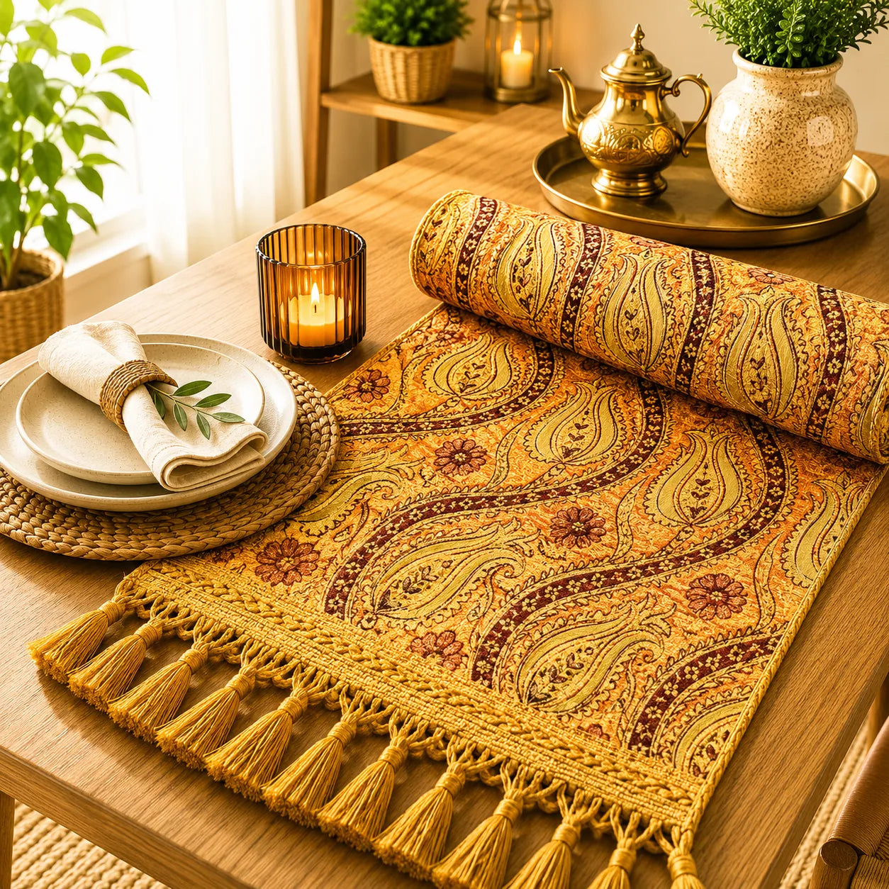 Camino de mesa naranja con motivo cachemira dorado bordeado en granate y pequeñas flores rojizas, bordado en relieve, con borlas doradas.