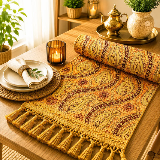 Camino de mesa naranja con motivo cachemira dorado bordeado en granate y pequeñas flores rojizas, bordado en relieve, con borlas doradas.