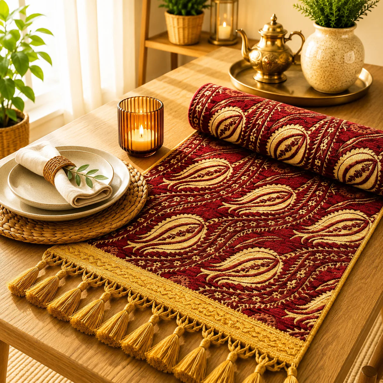 Camino de mesa rojo borgoña con motivo cachemira dorado y bordes florales en crema, bordado en relieve, con flecos de borlas doradas.