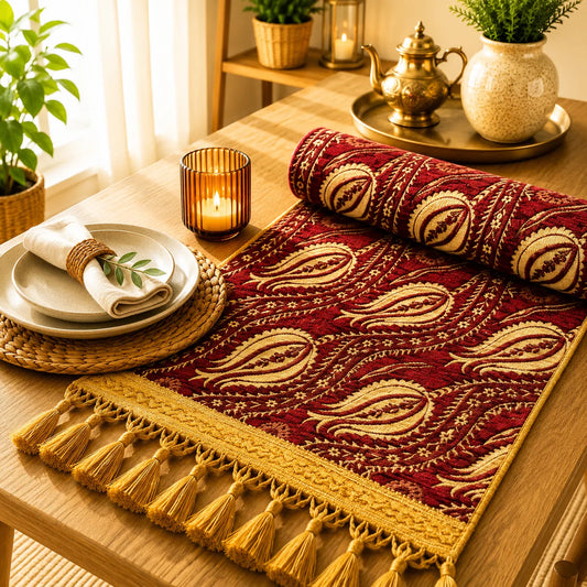 Camino de mesa rojo borgoña con motivo cachemira dorado y bordes florales en crema, bordado en relieve, con flecos de borlas doradas.