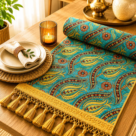 Camino de mesa turquesa con motivo cachemira dorado bordeado en granate y flores color terracota, bordado en relieve con borlas doradas.