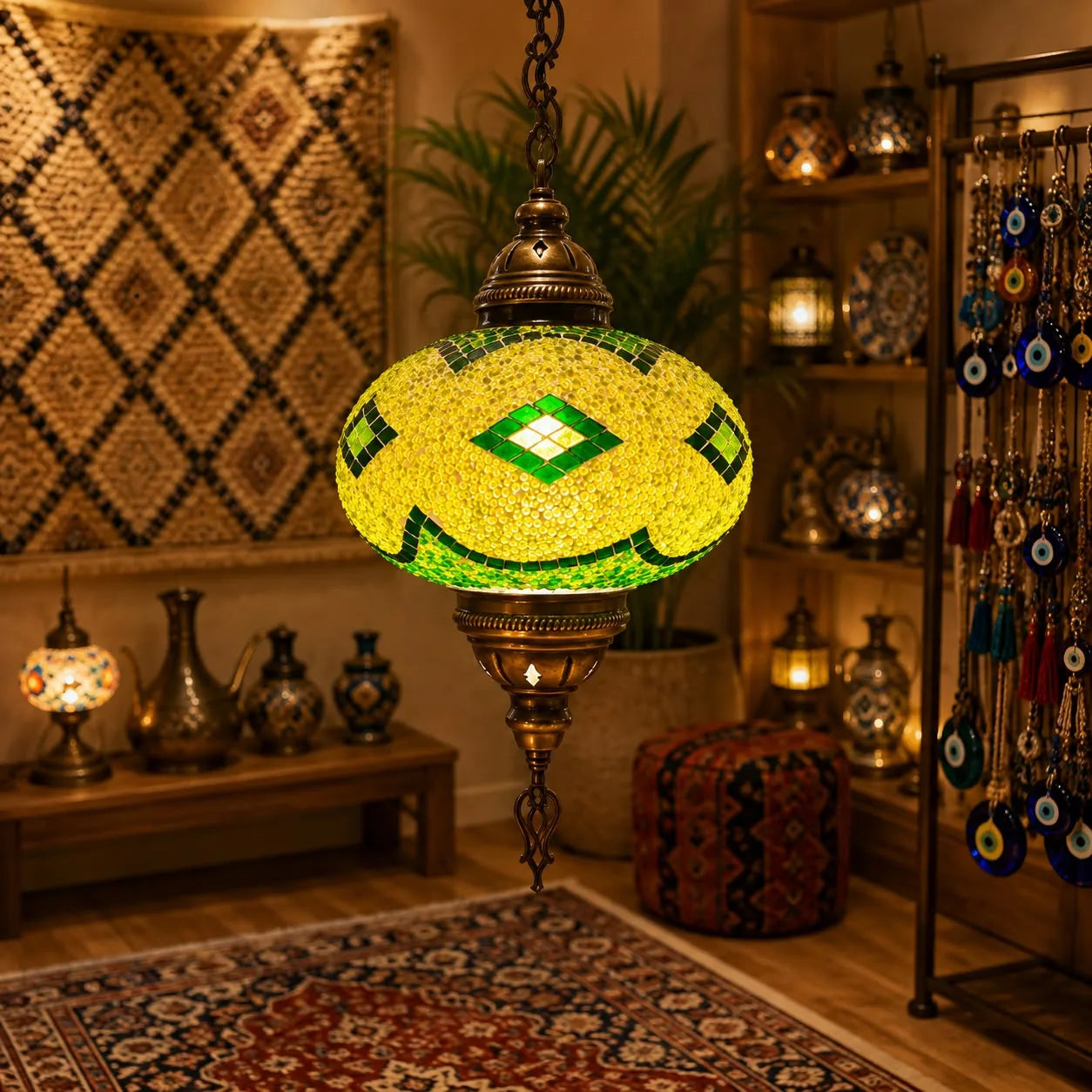 Colgante de techo vitraux con mosaico verde y amarillo-verde y diamante central
