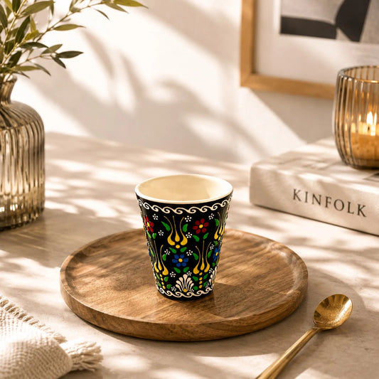 Taza Cerámica Pintada a Mano Negra; Taza Cerámica Pintada a Mano Negra con detalles visibles que realzan su presencia en la mesa o el hogar