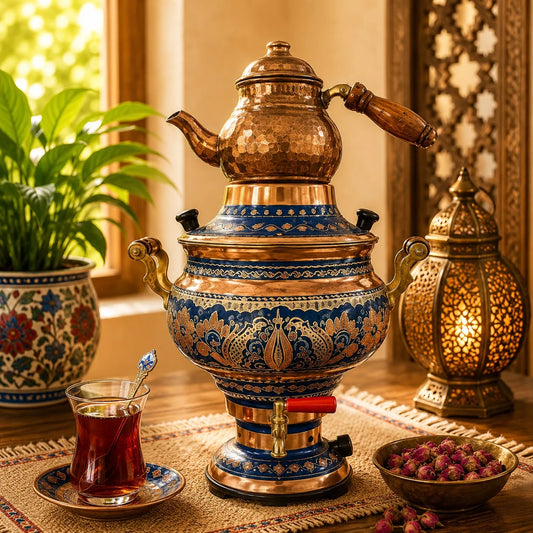 Samovar Silueta Azul; Samovar Silueta Azul con terminación decorativa visible para preparar o servir infusiones