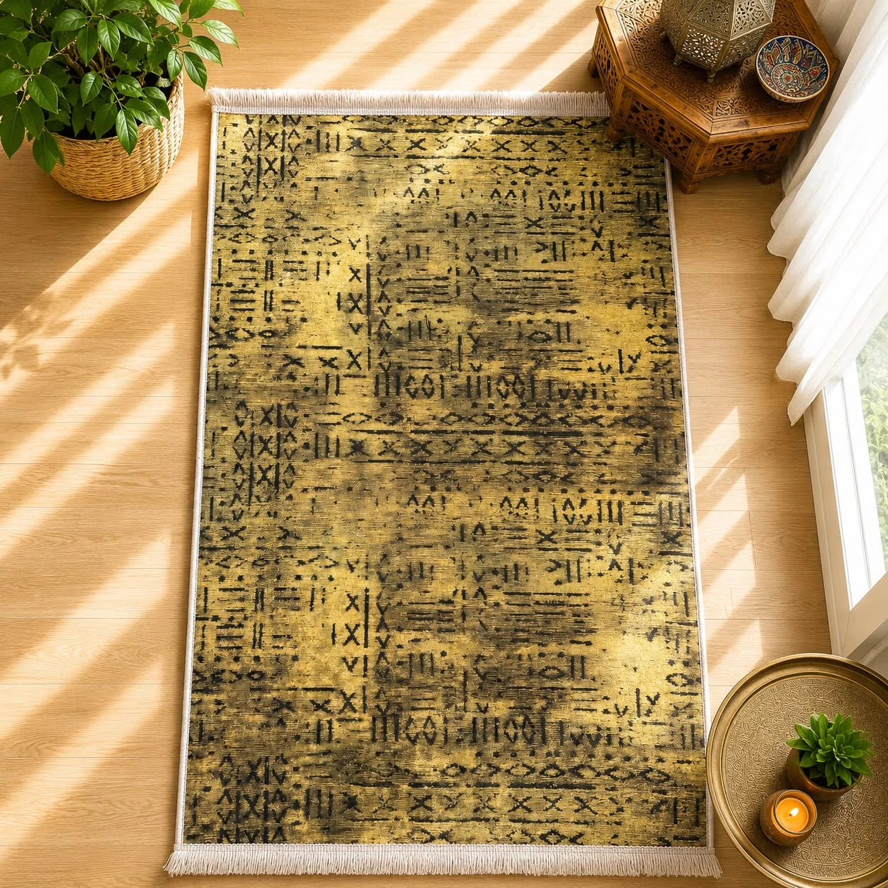 Alfombra de terciopelo trama oliva; Alfombra de terciopelo trama oliva con un diseño visible que aporta un acento decorativo al ambiente