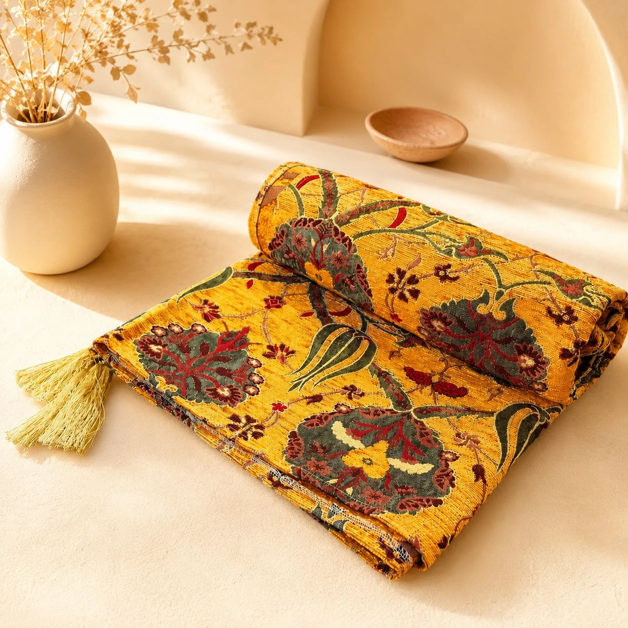 Mantón Royal Tulip naranja; Mantón Royal Tulip naranja con motivos textiles visibles y terminación decorativa