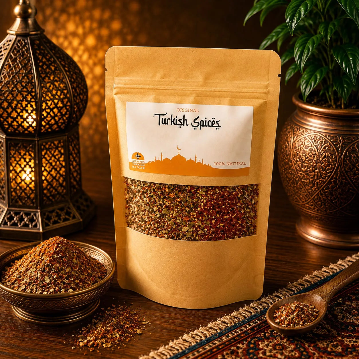 Especia turca Arabic en bolsa kraft con ventana, con un cuenco de la mezcla junto a un candil turco