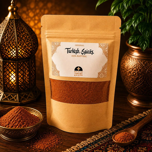 Especia turca Arabic Salsas en bolsa kraft con ventana, con un cuenco de la mezcla junto a un candil turco