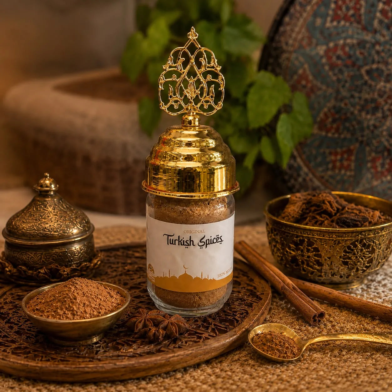 Especia turca Garam Masala en frasco de vidrio, con un cuenco de la mezcla junto a un candil turco