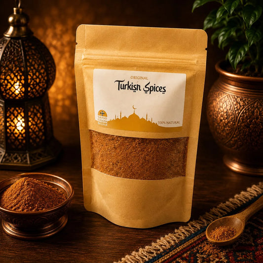 Especia turca Ottoman en bolsa kraft con ventana, con un cuenco de la mezcla junto a un candil turco