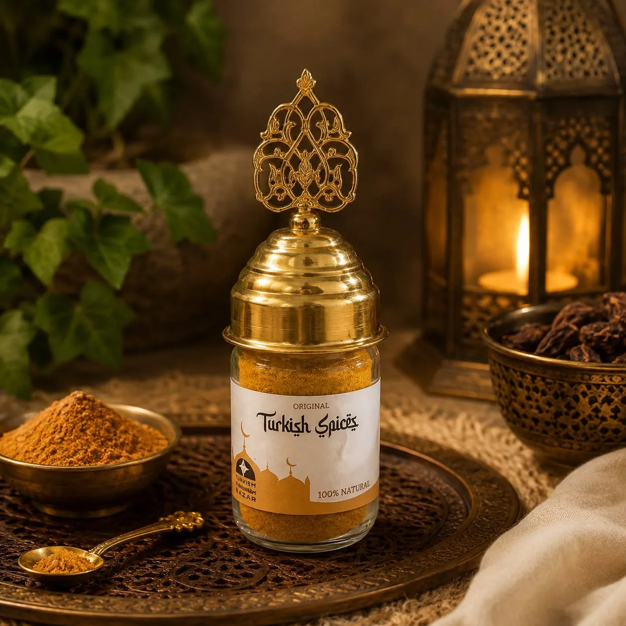 Especia turca Turkish Curry en frasco de vidrio, con un cuenco de la mezcla junto a un candil turco