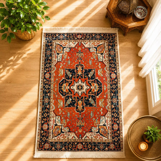Alfombra de terciopelo medallón coral; Alfombra de terciopelo medallón coral con un diseño visible que aporta un acento decorativo al ambiente