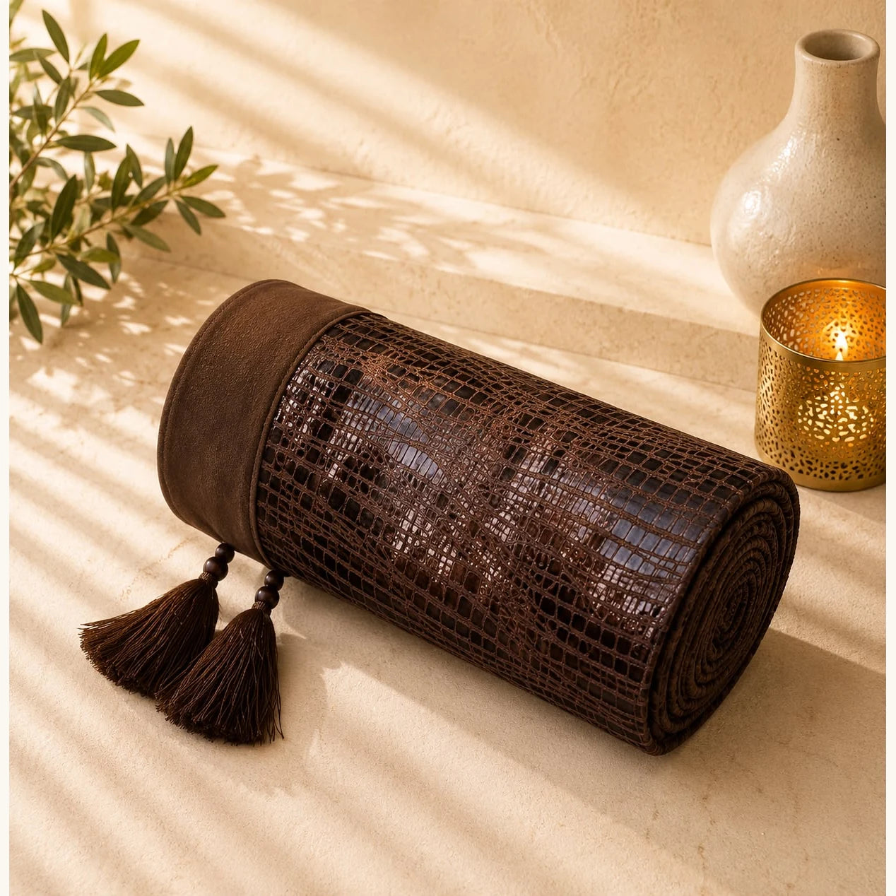 Mantón Línea África chocolate; Mantón Línea África chocolate con motivos textiles visibles y terminación decorativa