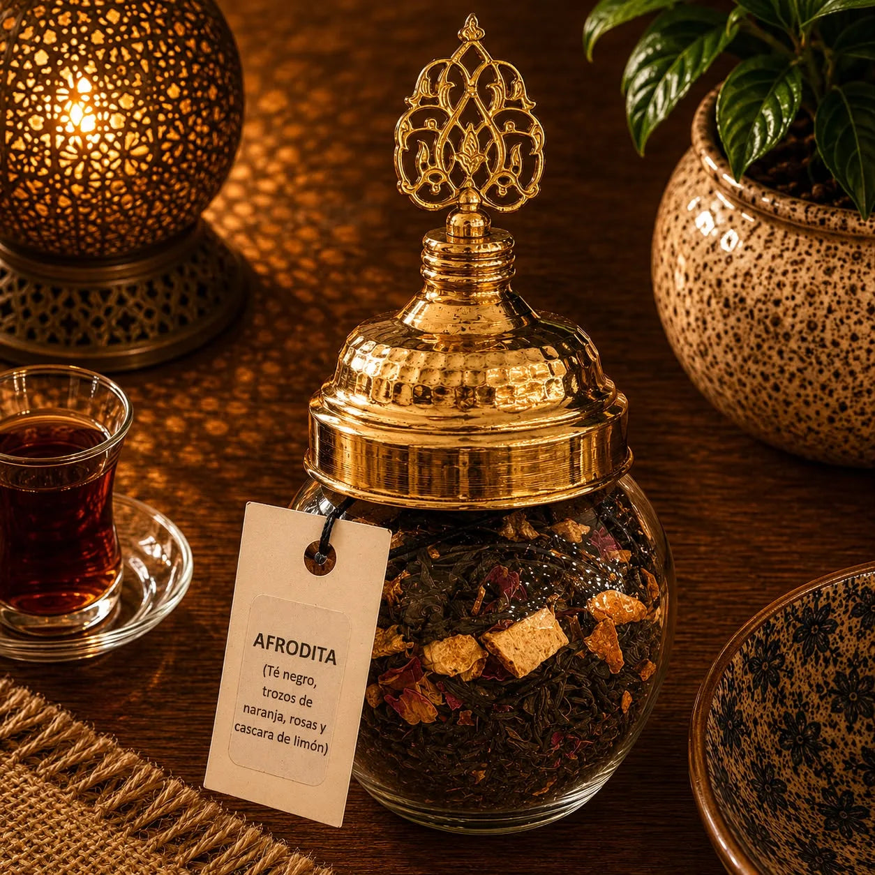 Blend de té turco Afrodita a granel en frasco de vidrio, hojas e ingredientes visibles