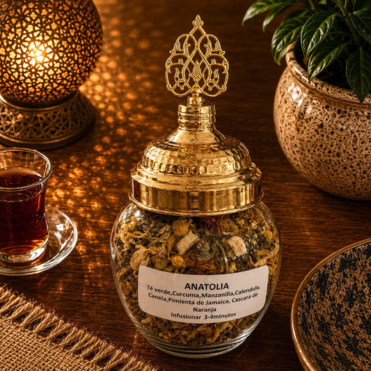Blend de té turco Anatolia a granel en frasco de vidrio, hojas e ingredientes visibles
