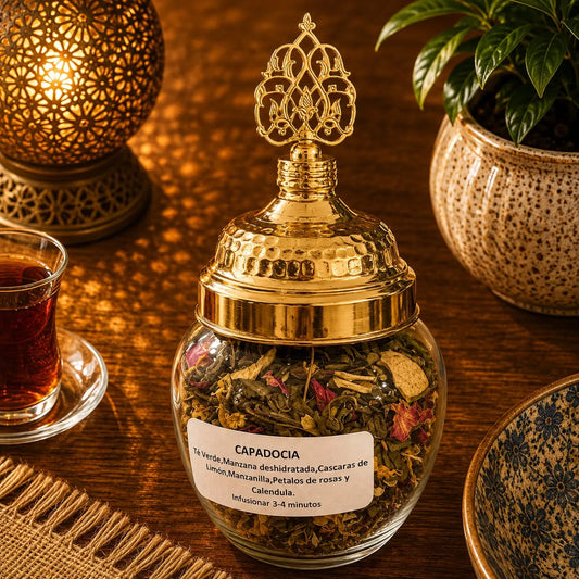 Blend de té turco Capadocia a granel en frasco de vidrio, hojas e ingredientes visibles