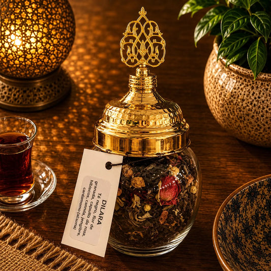 Blend de té turco Dilara a granel en frasco de vidrio, hojas e ingredientes visibles