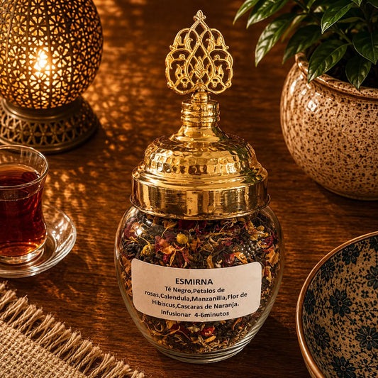 Blend de té turco Esmirna a granel en frasco de vidrio, hojas e ingredientes visibles