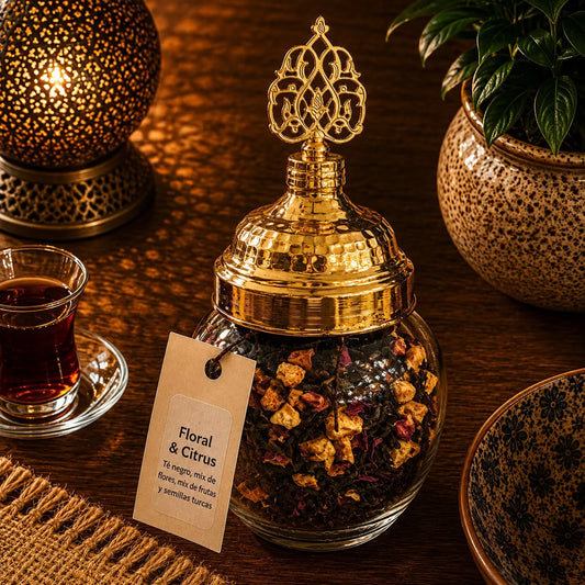 Blend de té turco Floral & Citrus a granel en frasco de vidrio, hojas e ingredientes visibles