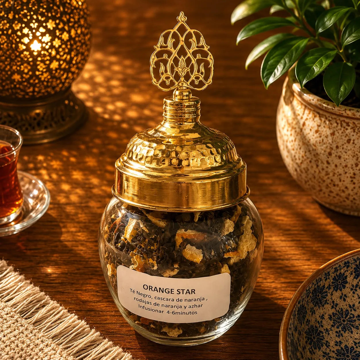 Blend de té turco Orange a granel en frasco de vidrio, hojas e ingredientes visibles
