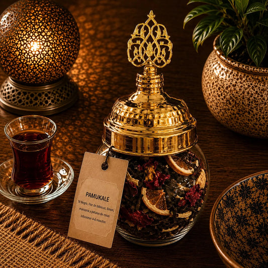 Blend de té turco Pamukale a granel en frasco de vidrio, hojas e ingredientes visibles