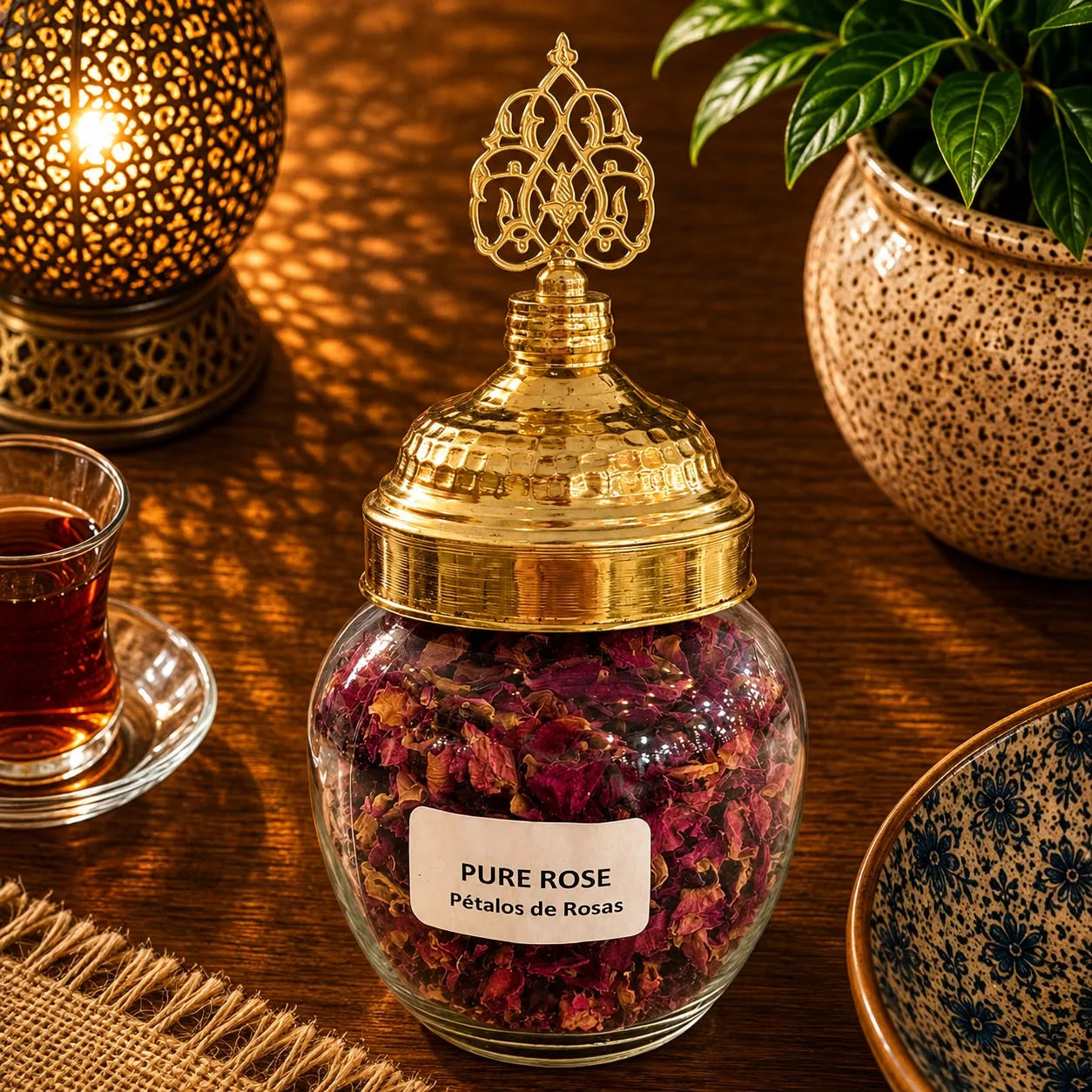 Blend de té turco Pure Rose a granel en frasco de vidrio, hojas e ingredientes visibles