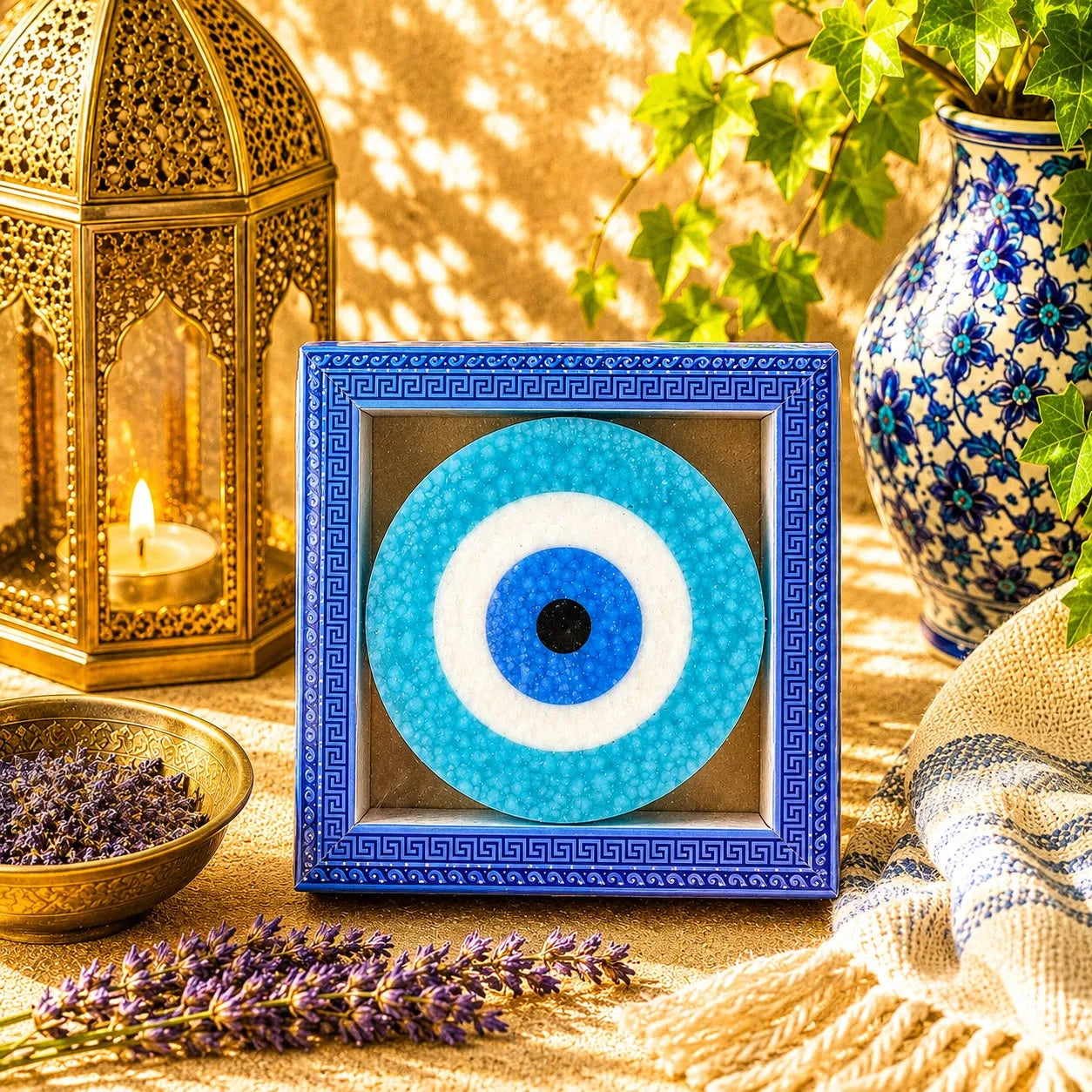 Jabón artesanal con forma de ojo turco, aroma Baby Powder, sobre un marco decorativo con motivos otomanos