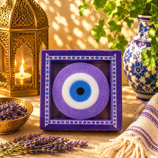 Jabón artesanal con forma de ojo turco, aroma Lavander, sobre un marco decorativo con motivos otomanos