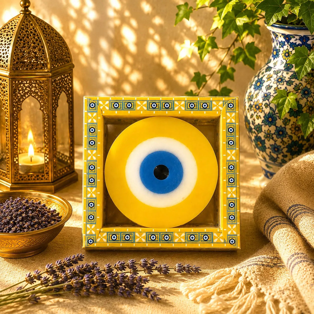 Jabón artesanal con forma de ojo turco, aroma Lemon, sobre un marco decorativo con motivos otomanos