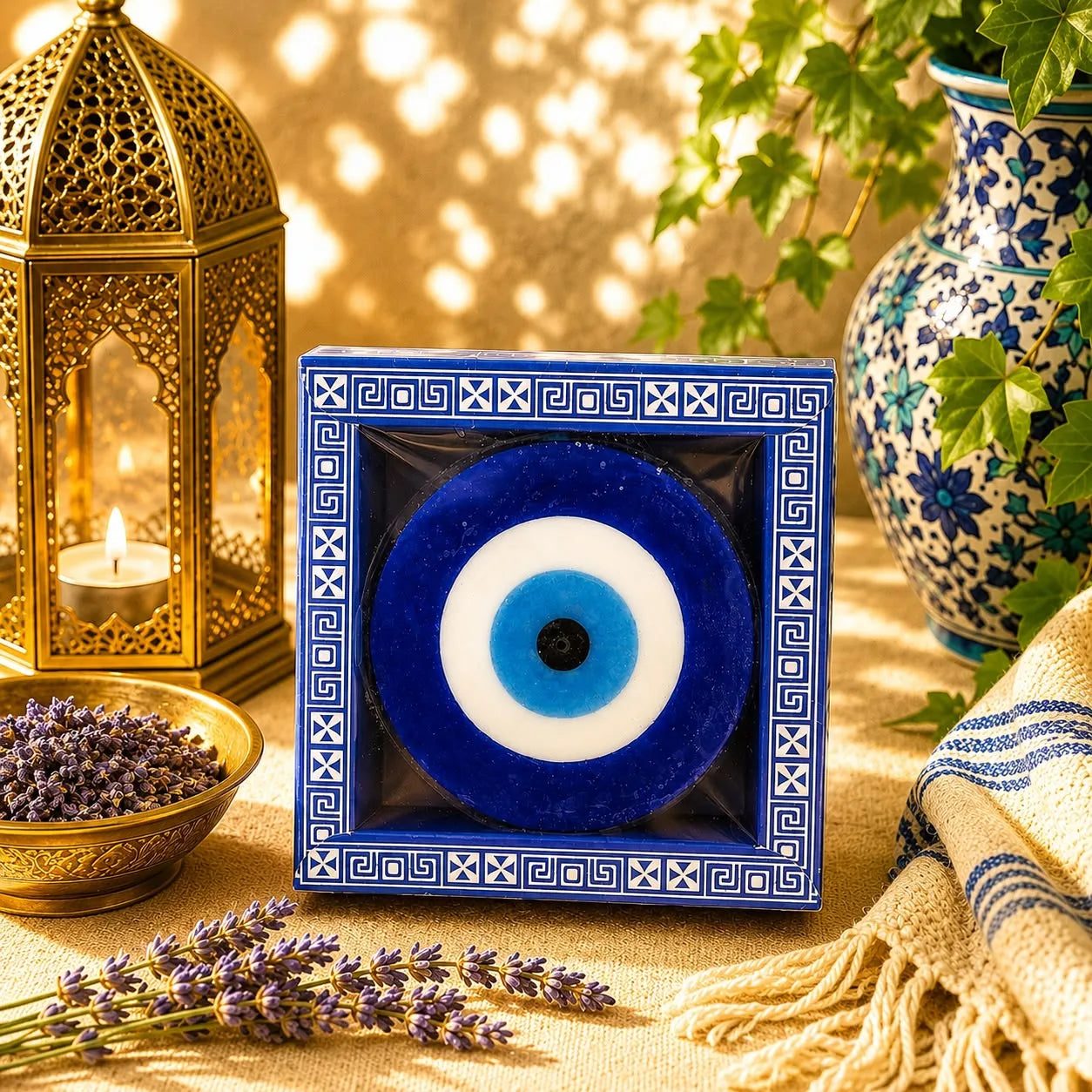 Jabón artesanal con forma de ojo turco, aroma Ocean, sobre un marco decorativo con motivos otomanos