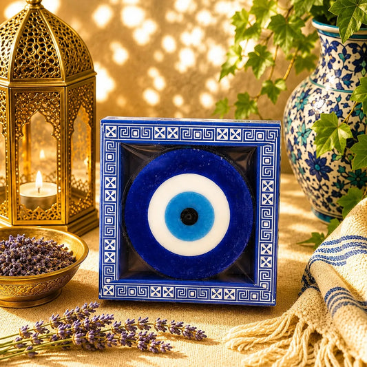 Jabón artesanal con forma de ojo turco, aroma Ocean, sobre un marco decorativo con motivos otomanos