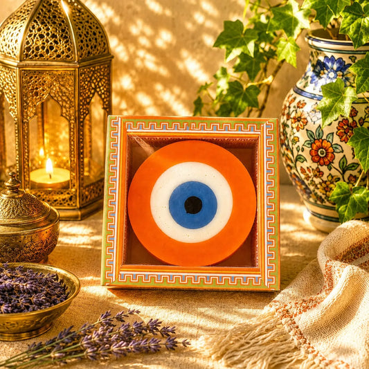 Jabón artesanal con forma de ojo turco, aroma Orange, sobre un marco decorativo con motivos otomanos