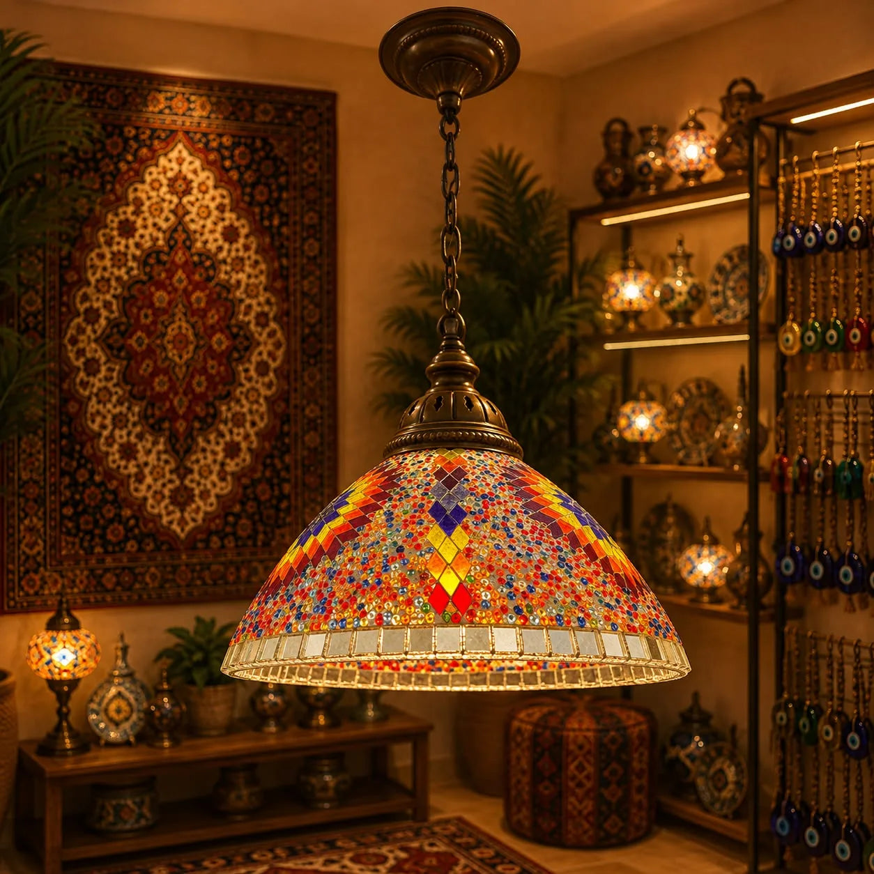 Lámpara campana vitraux con mosaico multicolor vívido en rojo, azul, amarillo y violeta