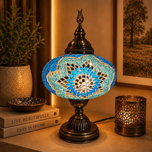 Lámpara vitraux de mesa modelo TM23 de mayor tamaño con estrella azul turquesa