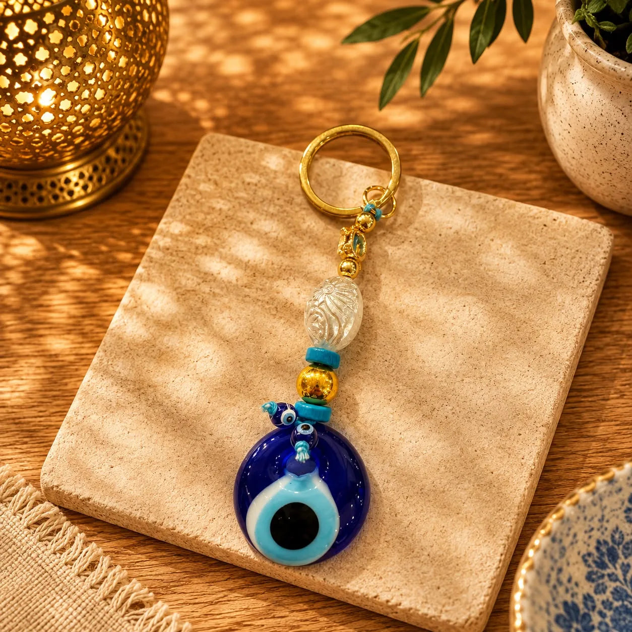 Llavero Ojo Turco Dorado: Cuenta blanca tallada con detalles turquesa y dorado, ojo turco azul y argolla dorada.