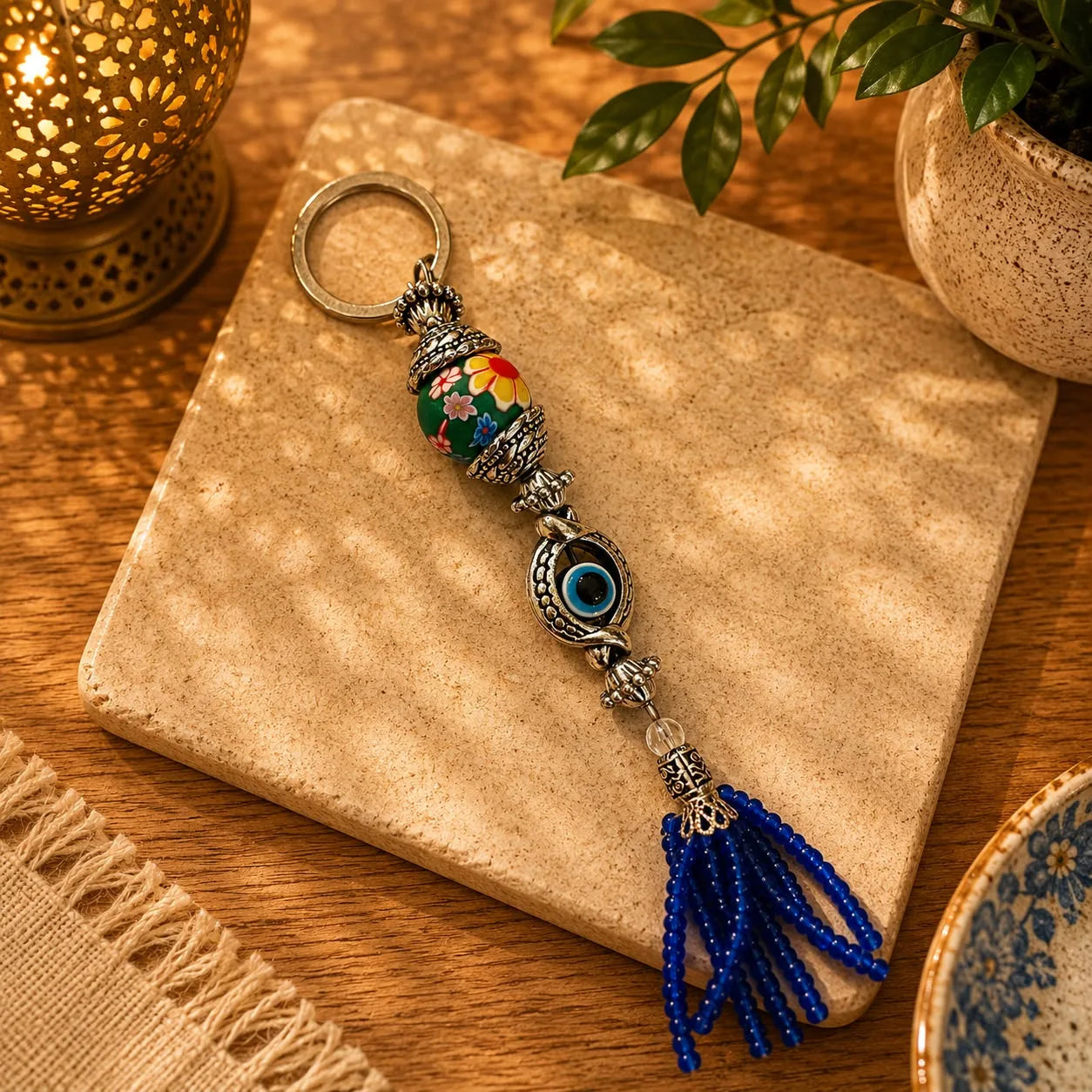 Llavero Ojo Turco Floral Verde: Cuenta verde con estampado floral y dije de ojo en marco plateado, borla azul.