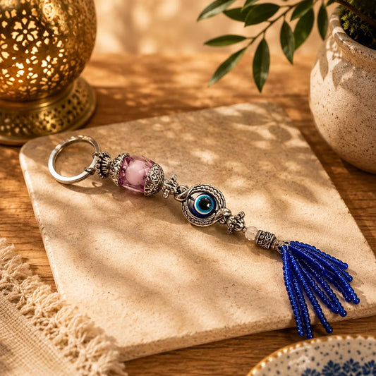 Llavero Ojo Turco Piedra Lila: Piedra facetada lila con dije de ojo plateado y borlas de cuentas azules.