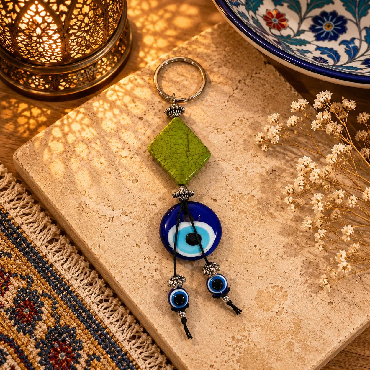 Llavero Ojo Turco Piedra Verde: Piedra cuadrada verde jade con colgante de ojo turco azul clásico y borlas de ojitos.