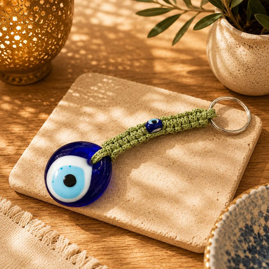 Llavero Ojo Turco Tejido Verde: Cordón tejido verde oliva con un ojo turco azul simple.
