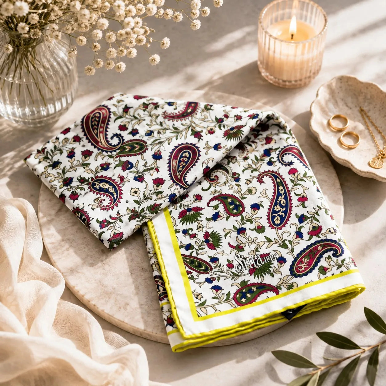 Pañuelo de seda turco con estampado paisley floral sobre fondo beige