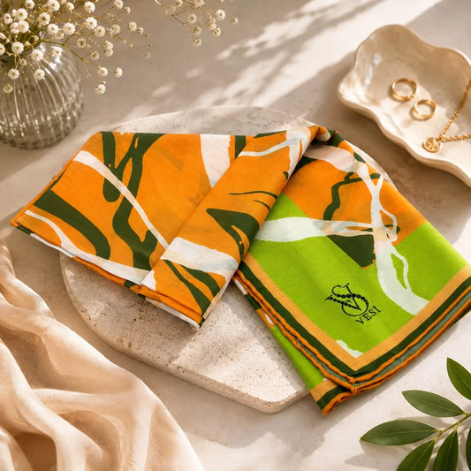 Pañuelo de seda turco con trazos abstractos en naranja y verde
