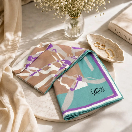 Pañuelo de seda turco con bloques abstractos en beige y violeta