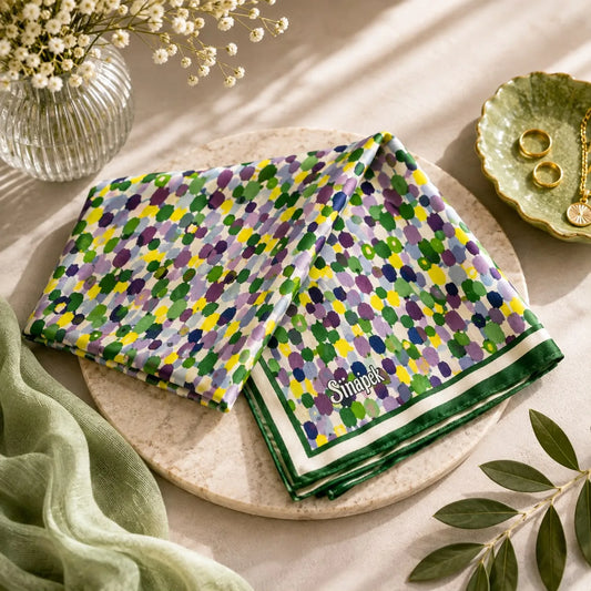 Pañuelo de seda turco con mosaico de puntos verde y violeta