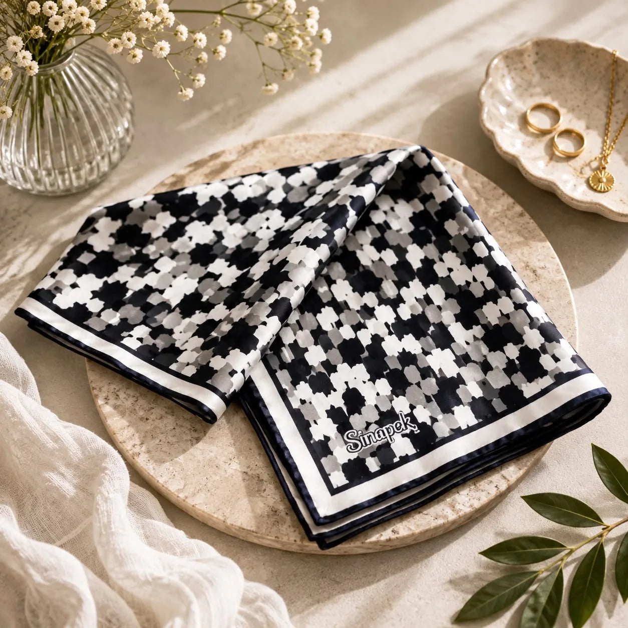 Pañuelo de seda turco con mosaico de puntos blanco y negro
