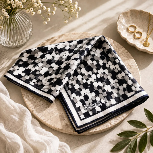 Pañuelo de seda turco con mosaico de puntos blanco y negro