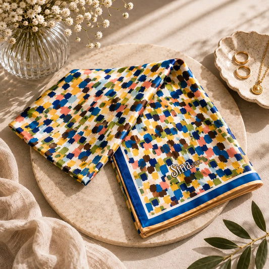 Pañuelo de seda turco con mosaico de puntos multicolor