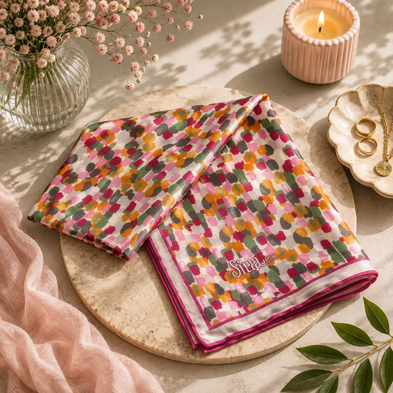 Pañuelo de seda turco con mosaico de puntos rosa