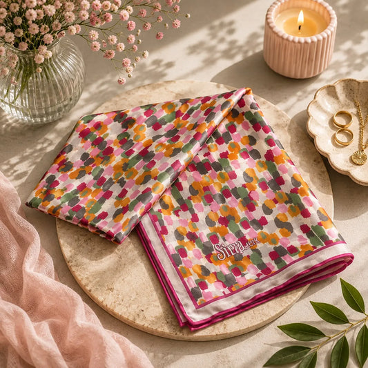 Pañuelo de seda turco con mosaico de puntos rosa