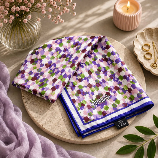 Pañuelo de seda turco con mosaico de puntos lila