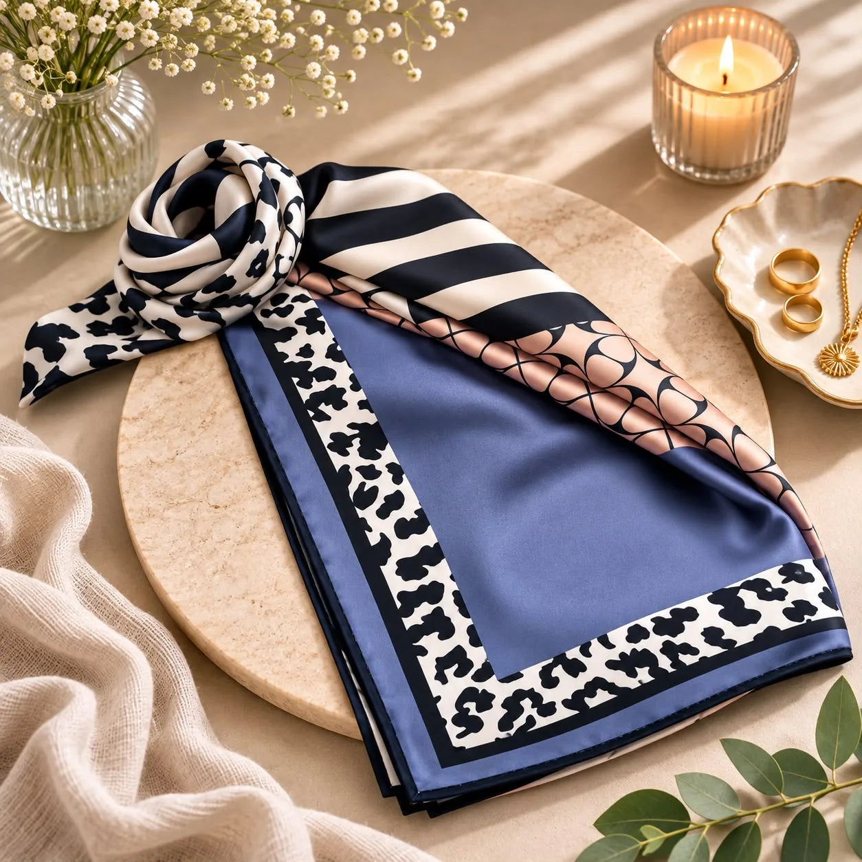 Pañuelo de seda turco con rayas azules y borde de animal print